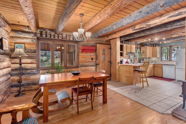18680 Wapiti Cir, Buena Vista, CO 81211 - dining room featuring rustic walls, a wood ceiling with exposed beams, a chandelier, and light wood-type flooring