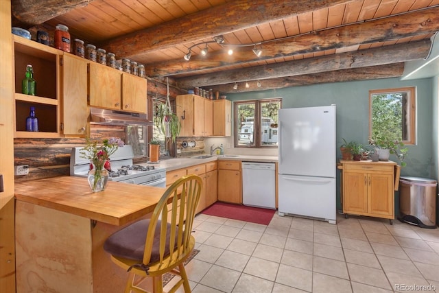 18680 Wapiti Cir, Buena Vista, CO 81211 - kitchen with white appliances, under cabinet range hood, a wooden ceiling with exposed beams, light tile patterned floors, and open shelves