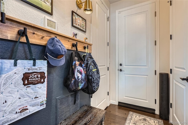 21038 E Quincy Pl, Aurora, CO 80015 - mudroom with dark wood finished floors and a textured wall