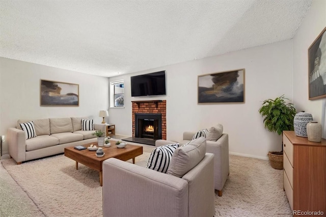 15202 E Hampden Cir Unit F2, Aurora, CO 80014 - living room with light colored carpet, a textured ceiling, and a brick fireplace