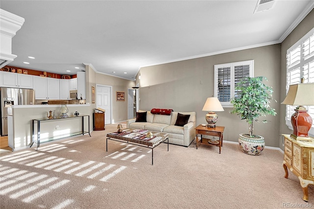 carpeted living room with crown molding