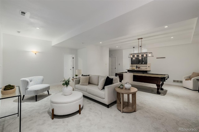 1332 S Lafayette St, Denver, CO 80210 - living room featuring carpet flooring, billiards table, baseboards, and recessed lighting