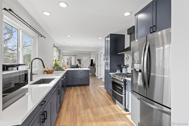 kitchen with light hardwood / wood-style flooring, sink, wall chimney range hood, stainless steel appliances, and kitchen peninsula