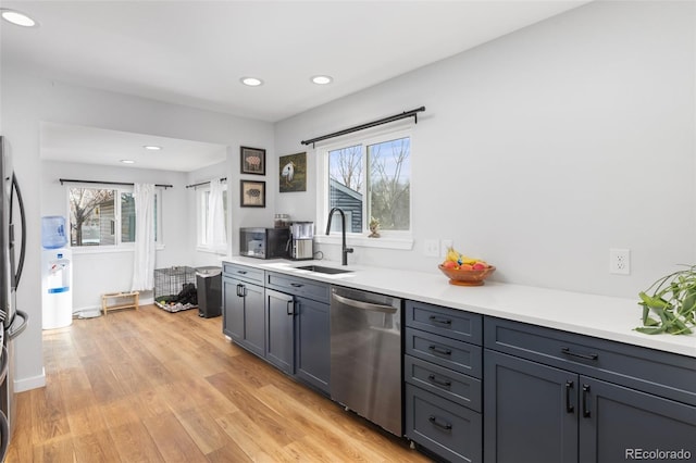 kitchen featuring light wood-type flooring, stainless steel appliances, a healthy amount of sunlight, and sink