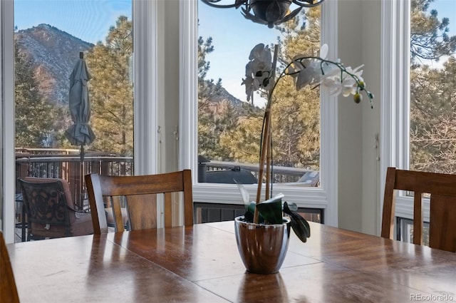 dining space with a mountain view