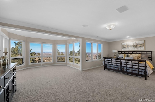 carpeted bedroom featuring ornamental molding