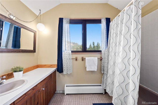 bathroom with lofted ceiling, vanity, baseboard heating, and a shower with shower curtain