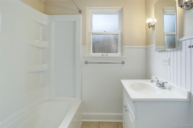 bathroom featuring tile patterned floors, vanity, and  shower combination