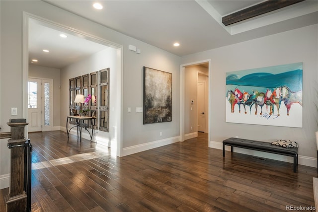 hallway with dark wood-type flooring