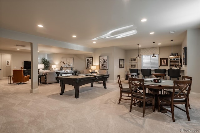 rec room with pool table and light carpet