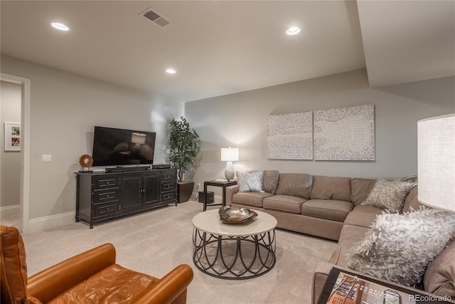 living room featuring light colored carpet