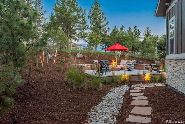 view of yard featuring a patio area and a fire pit