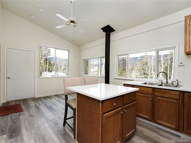 kitchen featuring dark wood-type flooring, lofted ceiling, sink, a breakfast bar area, and a kitchen island