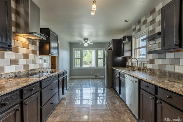 1345 Laredo St, Aurora, CO 80011 - kitchen featuring a sink, freestanding refrigerator, stainless steel dishwasher, black electric cooktop, and wall chimney range hood