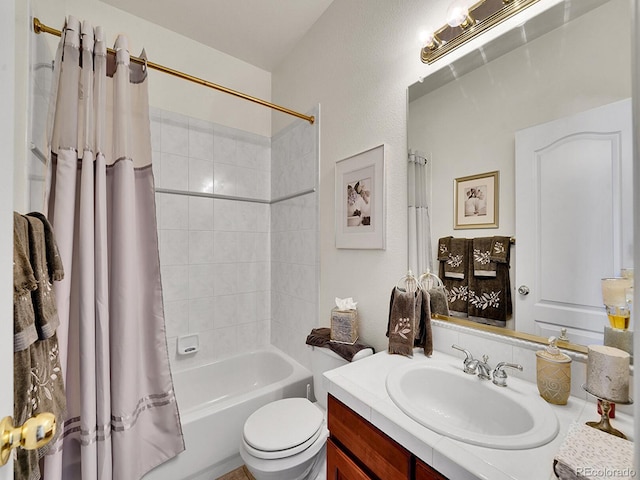 full bathroom with vanity, toilet, and shower / bathtub combination with curtain