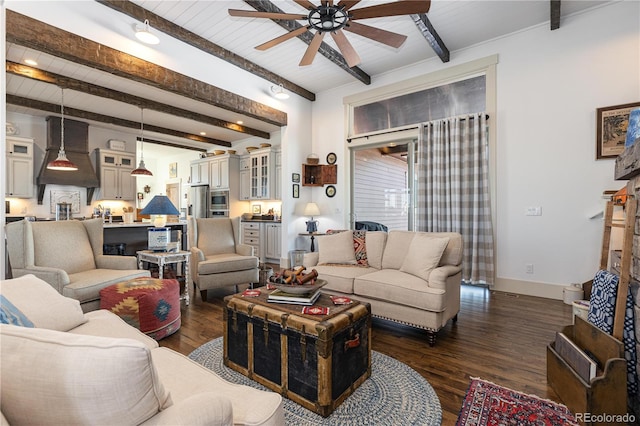 living room featuring dark hardwood / wood-style flooring, beam ceiling, and ceiling fan