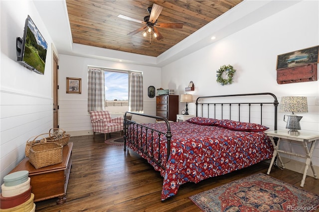 bedroom featuring dark hardwood / wood-style flooring, a tray ceiling, wooden ceiling, and ceiling fan