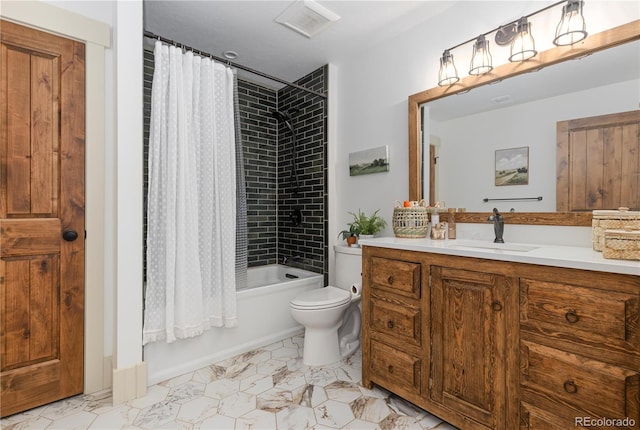 full bathroom with shower / bathtub combination with curtain, vanity, and toilet