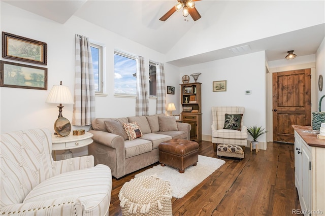 living room with lofted ceiling, dark hardwood / wood-style floors, and ceiling fan