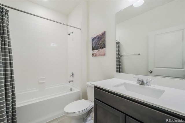 full bathroom with tile patterned flooring, vanity, shower / tub combo, and toilet