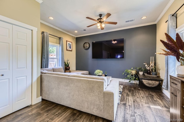 235 W Lehigh Ave, Englewood, CO 80110 - living area with ceiling fan, dark wood finished floors, recessed lighting, and crown molding