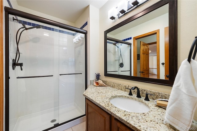 50 Deerwood Dr, Littleton, CO 80127 - bathroom with a stall shower, vanity, and tile patterned flooring