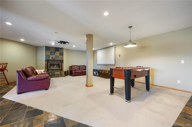 50 Deerwood Dr, Littleton, CO 80127 - game room with a fireplace, recessed lighting, and baseboards