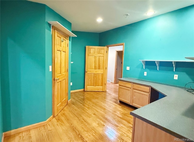 8930 W 55th Ave, Arvada, CO 80002 - kitchen with light wood finished floors, open shelves, recessed lighting, and light brown cabinetry