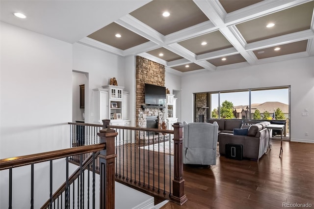 23615 E Del Norte Pl, Aurora, CO 80016 - living area featuring wood-type flooring, coffered ceiling, a fireplace, beamed ceiling, and recessed lighting