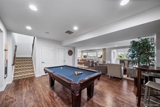 23615 E Del Norte Pl, Aurora, CO 80016 - recreation room featuring dark wood-type flooring, billiards, and recessed lighting