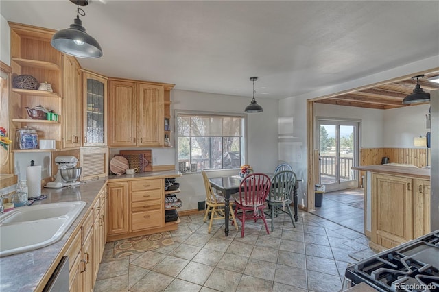 kitchen featuring light tile patterned floors, sink, wood ceiling, and light brown cabinetry