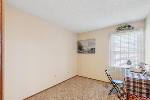 carpeted office featuring a textured ceiling and baseboards