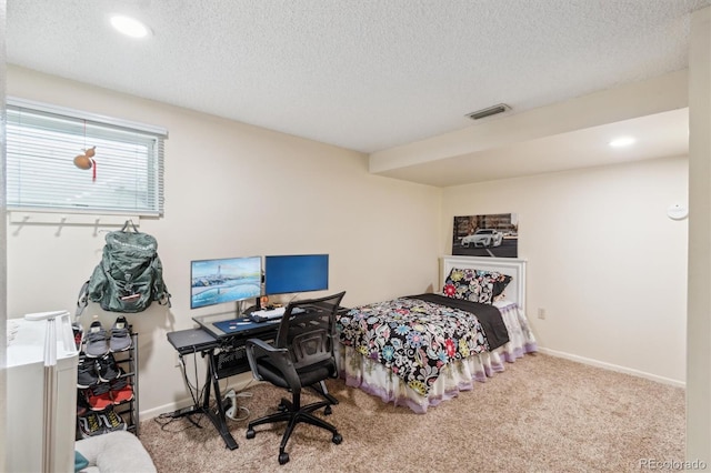 bedroom with visible vents, baseboards, a textured ceiling, carpet floors, and recessed lighting