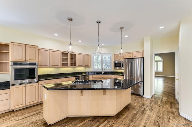 85 Silver Fox Dr, Greenwood Village, CO 80121 - kitchen with appliances with stainless steel finishes, a sink, a kitchen island, open shelves, and plenty of natural light