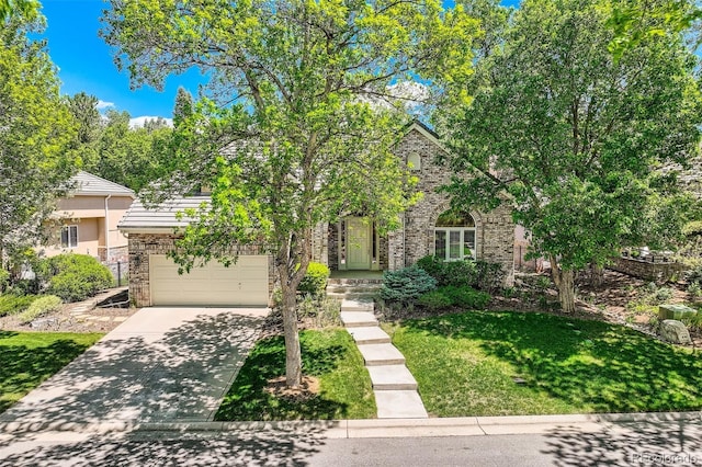 85 Silver Fox Dr, Greenwood Village, CO 80121 - view of property hidden behind natural elements featuring concrete driveway, stucco siding, stone siding, and a front yard