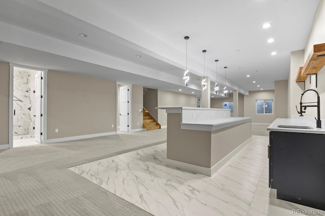 16250 Kenosha St, Brighton, CO 80603 - kitchen with open floor plan, recessed lighting, marble finish floor, and a sink