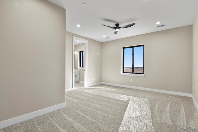 16250 Kenosha St, Brighton, CO 80603 - spare room with visible vents, baseboards, light colored carpet, recessed lighting, and a ceiling fan