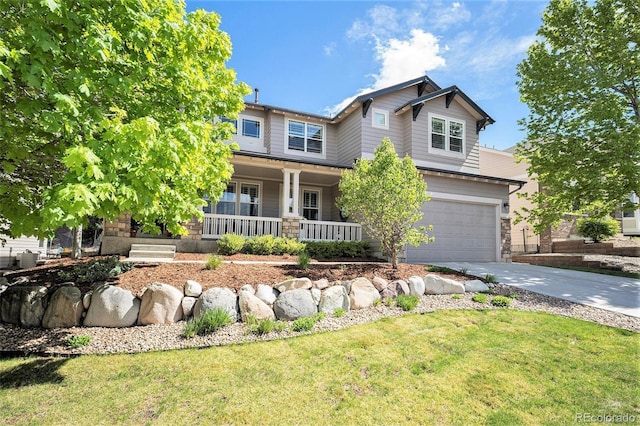 8548 Winter Berry Dr, Castle Pines, CO 80108 - craftsman-style home featuring driveway, a garage, covered porch, a front yard, and stone siding