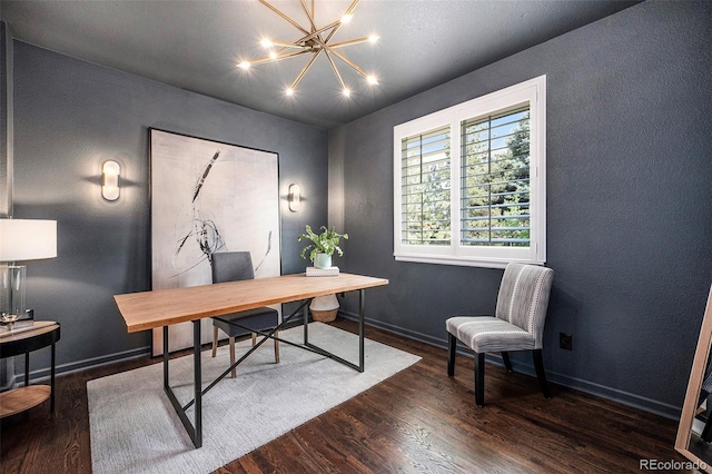 8548 Winter Berry Dr, Castle Pines, CO 80108 - home office with wood finished floors, a chandelier, baseboards, and a textured wall