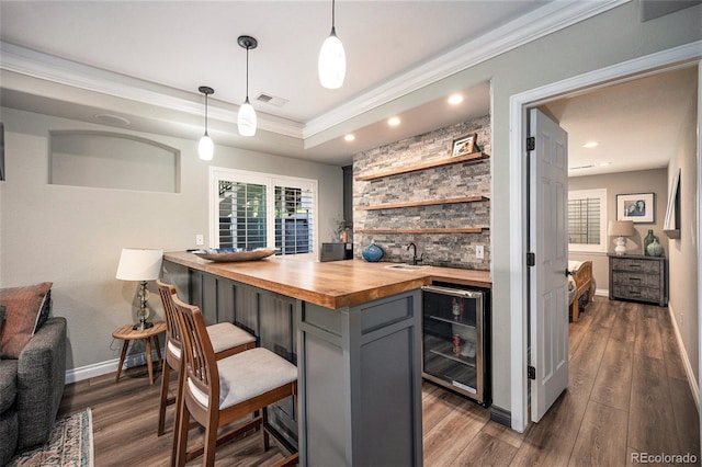 8548 Winter Berry Dr, Castle Pines, CO 80108 - indoor wet bar with wine cooler, dark wood-style flooring, crown molding, baseboards, and pendant lighting