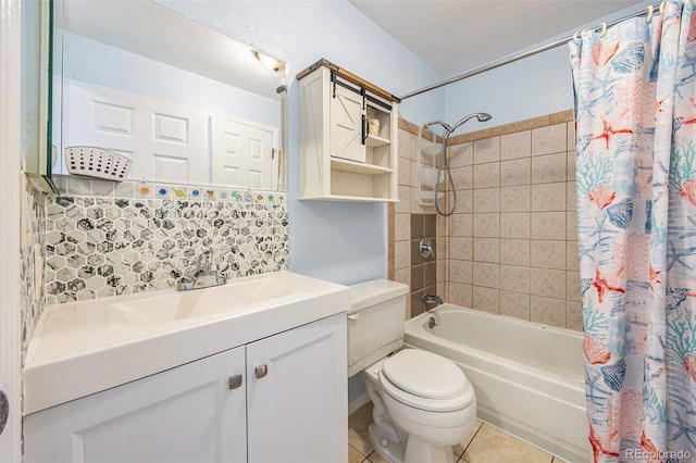 full bathroom with shower / tub combo with curtain, backsplash, tile patterned flooring, vanity, and toilet