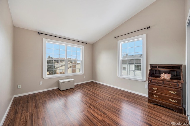 empty room with lofted ceiling, a healthy amount of sunlight, and dark hardwood / wood-style floors