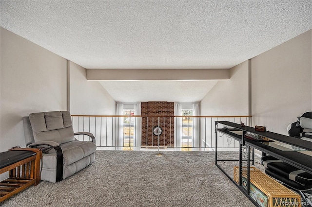 sitting room featuring lofted ceiling, carpet flooring, and a textured ceiling