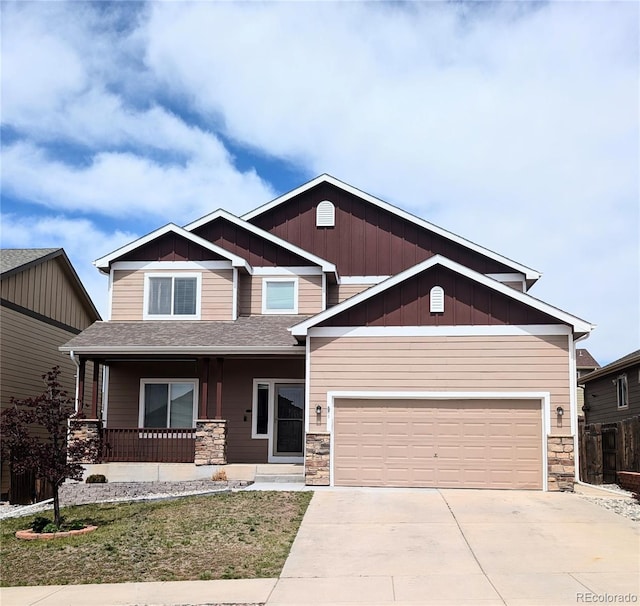 7958 Lightwood Way, Colorado Springs, CO 80908 - craftsman-style house featuring stone siding, a porch, concrete driveway, and a shingled roof