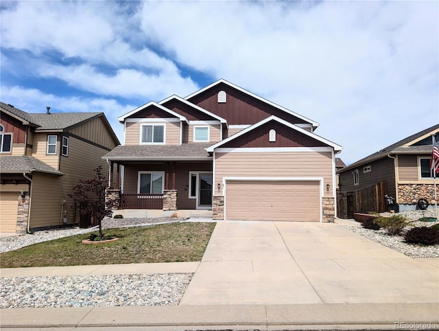 7958 Lightwood Way, Colorado Springs, CO 80908 - craftsman-style house featuring covered porch, stone siding, and driveway