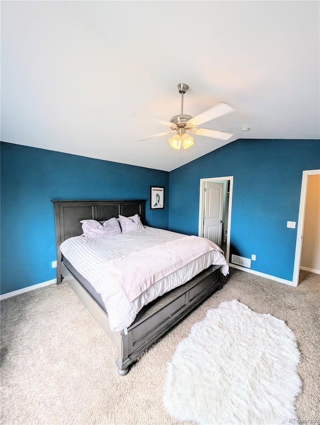 7958 Lightwood Way, Colorado Springs, CO 80908 - bedroom with carpet, lofted ceiling, baseboards, and ceiling fan