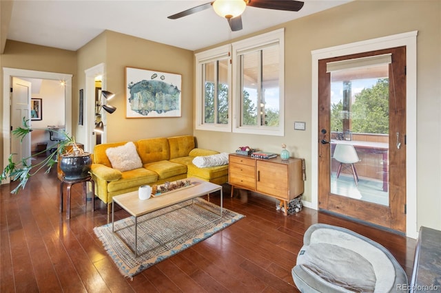 147 Moonlight Way, Crestone, CO 81131 - living area featuring a ceiling fan and dark wood-style floors