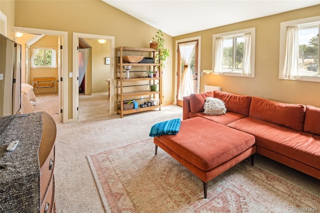 147 Moonlight Way, Crestone, CO 81131 - living room with vaulted ceiling and light colored carpet