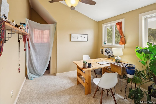 147 Moonlight Way, Crestone, CO 81131 - office area featuring vaulted ceiling, a ceiling fan, carpet flooring, and baseboards