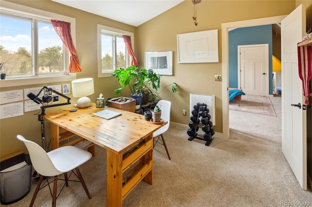 147 Moonlight Way, Crestone, CO 81131 - office space with carpet floors, lofted ceiling, and baseboards